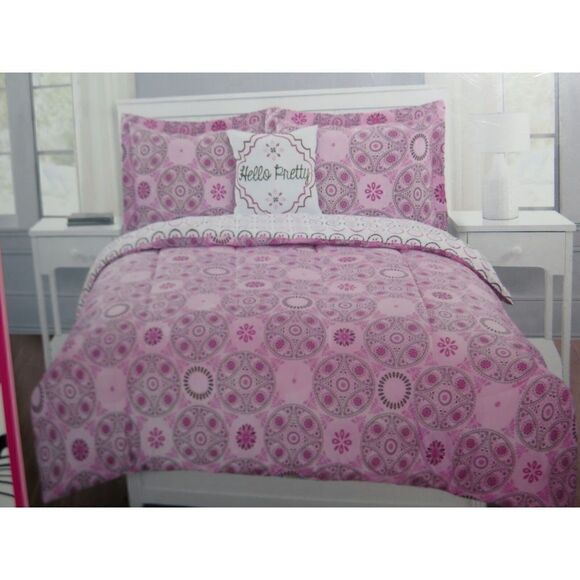 Reversible 3 Pc TWIN COMFORTER Pillow Set "Hello Pretty" Pink Floral Mandala $68 - Picture 6 of 6